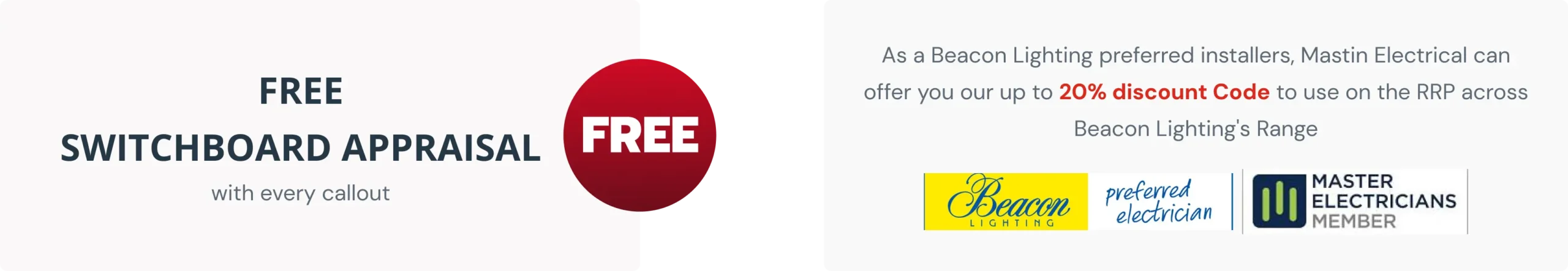 Mastin Electrical banner announcing a 20% discount on services by expert electricians.